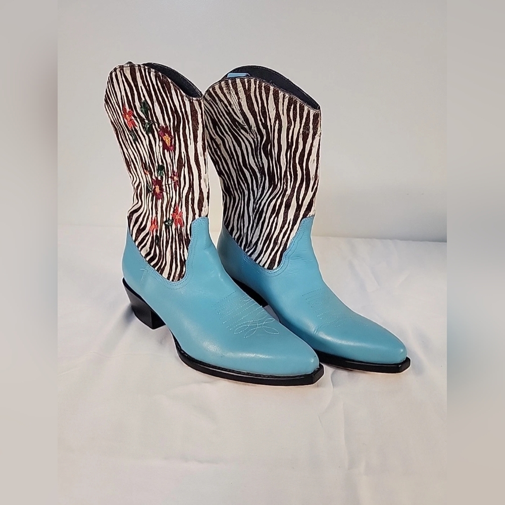 Naked Feet Made In Brazil Leather Cowhide Flowers Sz 7.5M Turquoise Cowboy Boots